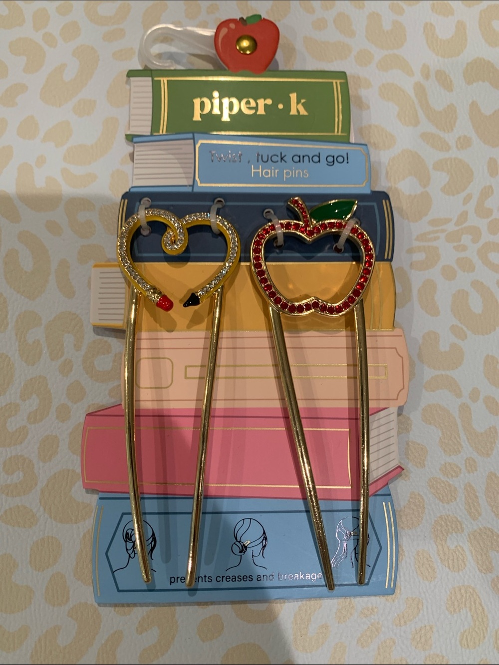piper.k Gold Heart & Apple Hair Pins — Red and Green Accents